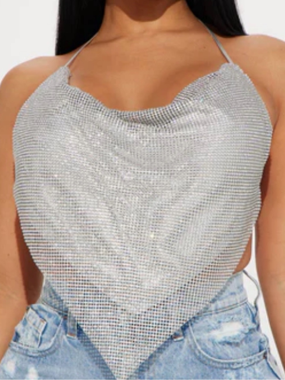 Sparkle Mesh Halter Neck Scarf Top - Silver